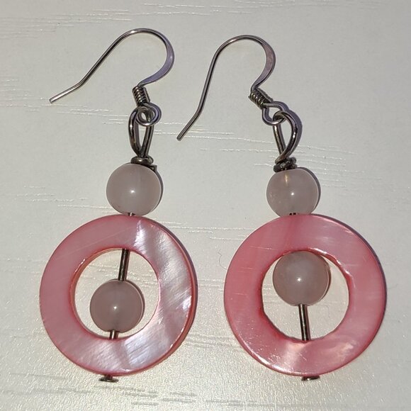 Pink Quartz Coral Shell Earrings Hooks Dangles Vintage Warm Academia Light - Picture 1 of 4